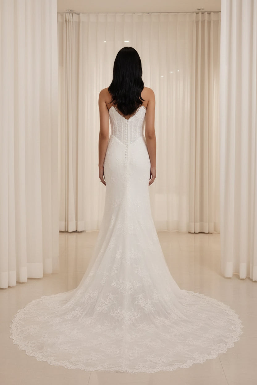 Strapless Sweetheart Neck Lace Corset Mermaid Wedding Dress with Chapel Train