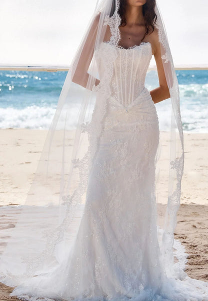 Strapless Sweetheart Neck Lace Corset Mermaid Wedding Dress with Chapel Train