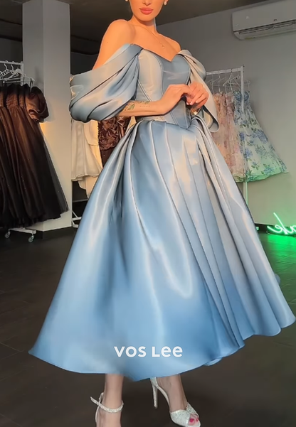 Cute Dreamy Off the Shoulder Pleat Ball Gown Tea- Length Prom Dress
