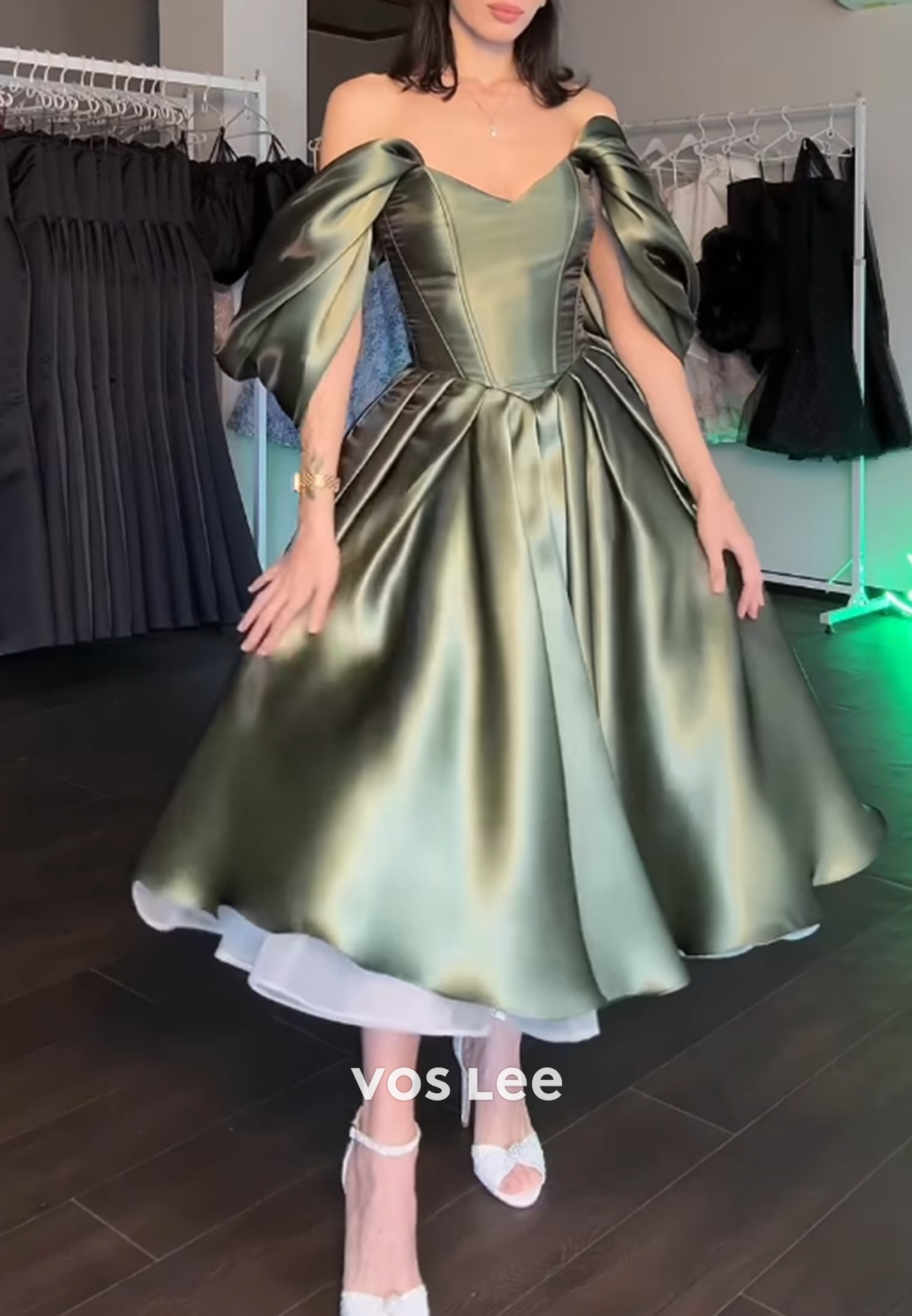 Cute Dreamy Off the Shoulder Pleat Ball Gown Tea- Length Prom Dress