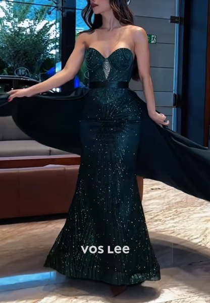 Glitter Sweetheart Fully Beaded Mermaid Prom Dress Sleeveless Evening Dress With Detachble Train