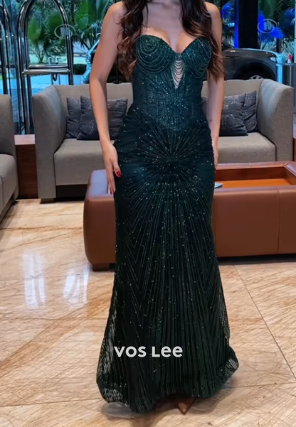 Glitter Sweetheart Fully Beaded Mermaid Prom Dress Sleeveless Evening Dress With Detachble Train