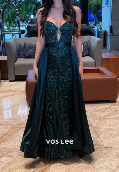 Glitter Sweetheart Fully Beaded Mermaid Prom Dress Sleeveless Evening Dress With Detachble Train