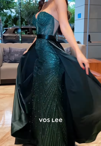 Glitter Sweetheart Fully Beaded Mermaid Prom Dress Sleeveless Evening Dress With Detachble Train
