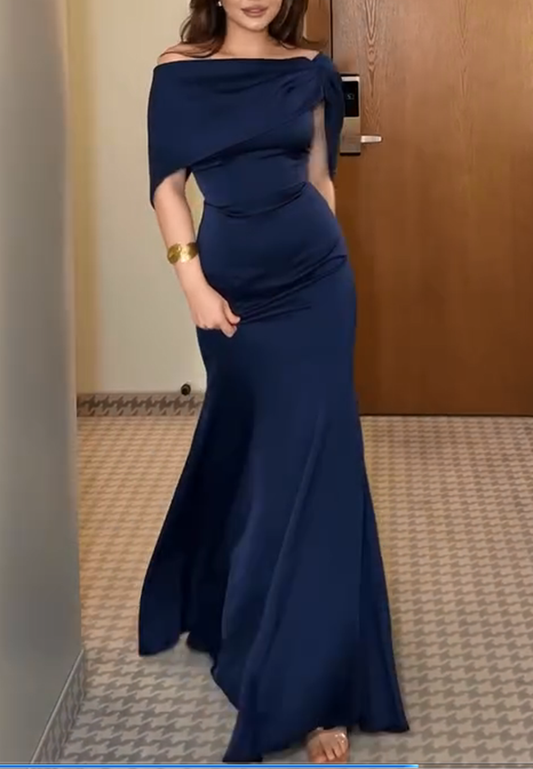 Navy Blue Off-the-Shoulder Satin Mermaid Evening Gown
