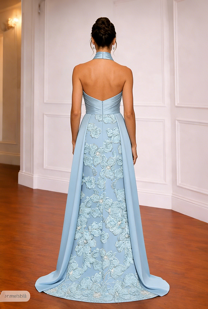 Light Blue Halter Neck Evening Dress with Detachable Train | Lace Applique Floor-Length Gown