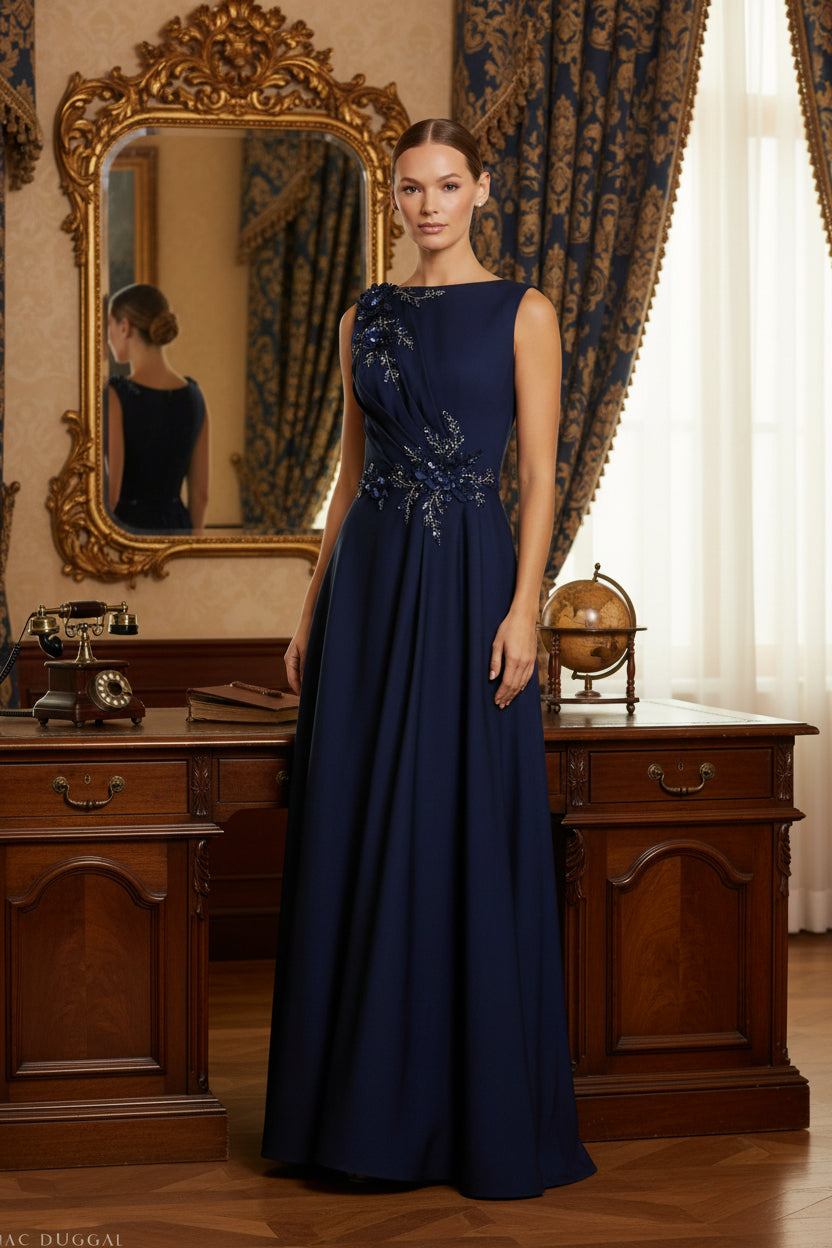 Navy Blue Beaded Sleeveless Formal Maxi Gown