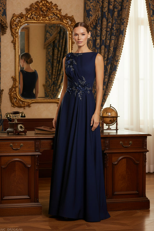 Navy Blue Beaded Sleeveless Formal Maxi Gown