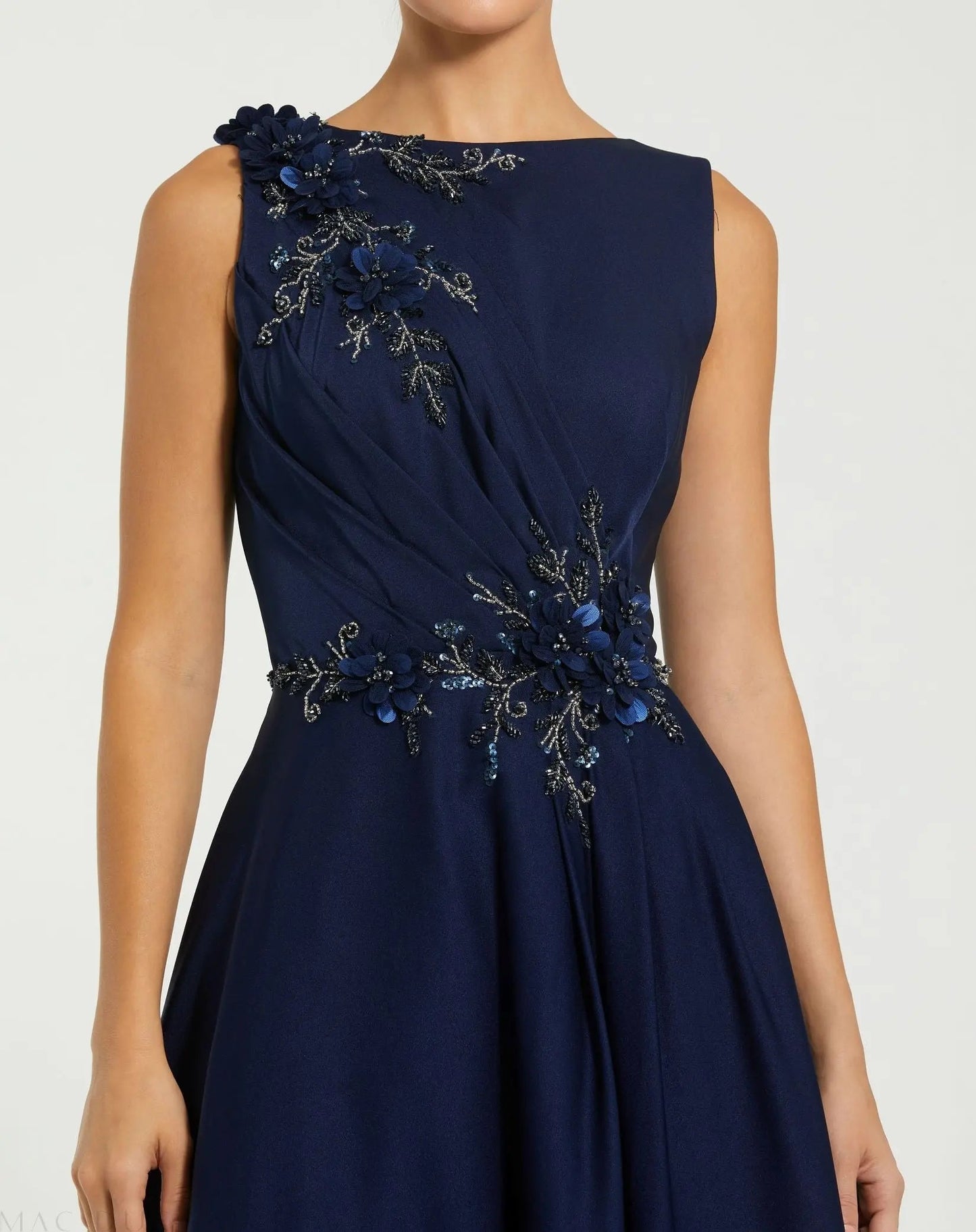 Navy Blue Beaded Sleeveless Formal Maxi Gown