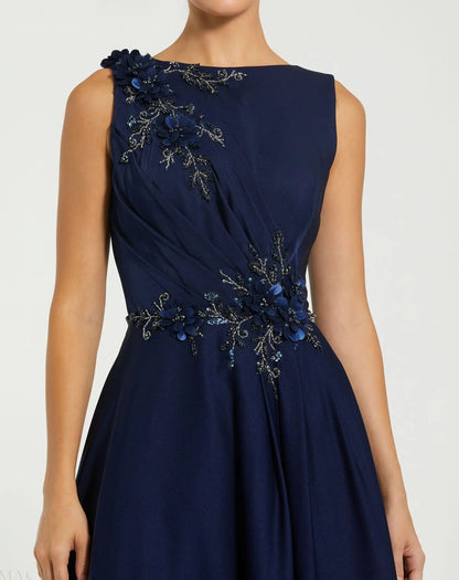 Navy Blue Beaded Sleeveless Formal Maxi Gown