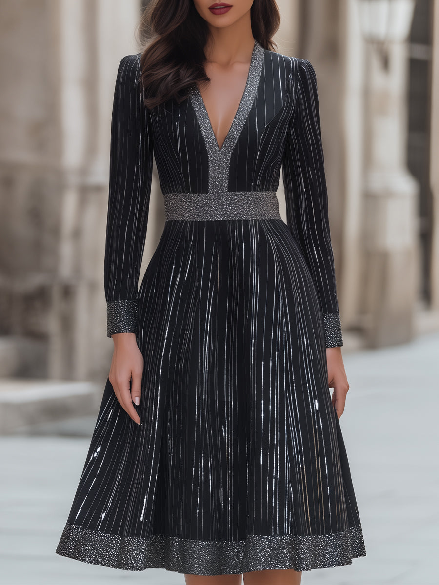 Elegant A-Line Metallic-Striped Midi Dress