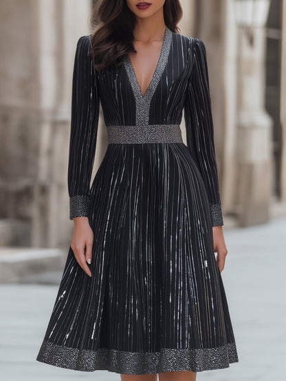 Elegant A-Line Metallic-Striped Midi Dress