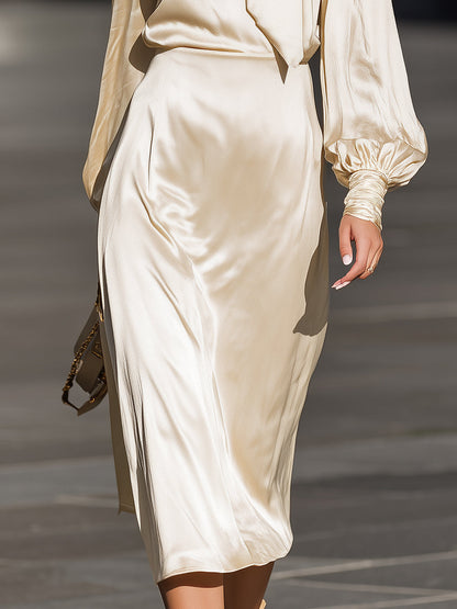 Ivory Satin Scarf-Neck Midi Dress
