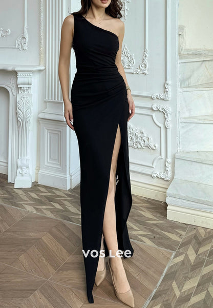 One Shoulder Floor-Length Pleated Mermaid Evening Dresses with High Split