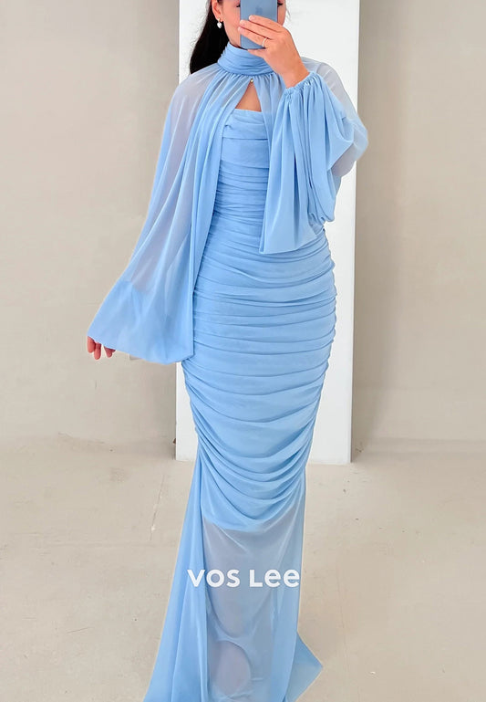 Long Sleeve High Neck Floor-Length Pleated Mermaid Evening Dresses Party Dresses