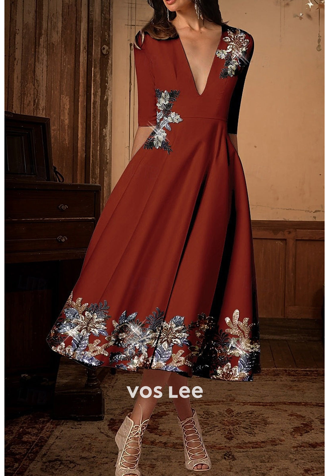 A-Line Half Sleeve V Neck Appliques Embellished Evening Dresses