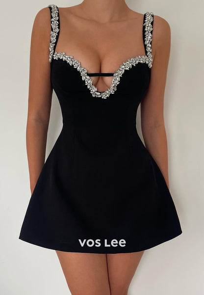 Mini & Short A-Line Spaghetti Straps Sweetheart Rhinestone Evening Dresses Prom Dresses