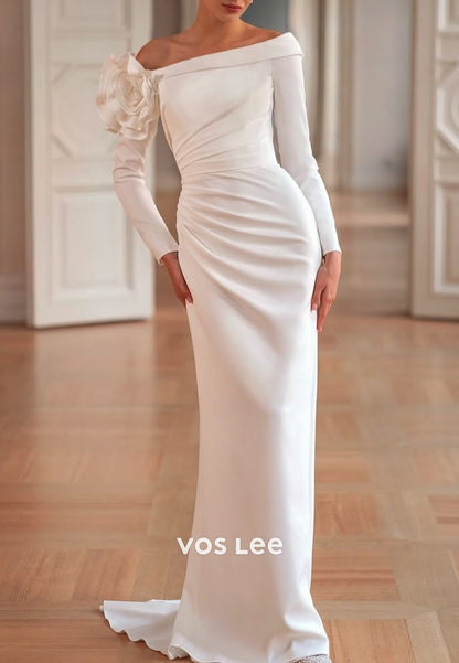 Simple & Casual Long Sleeve Asymmetrical Neck Flowers Wedding Dresses with Sweep Train
