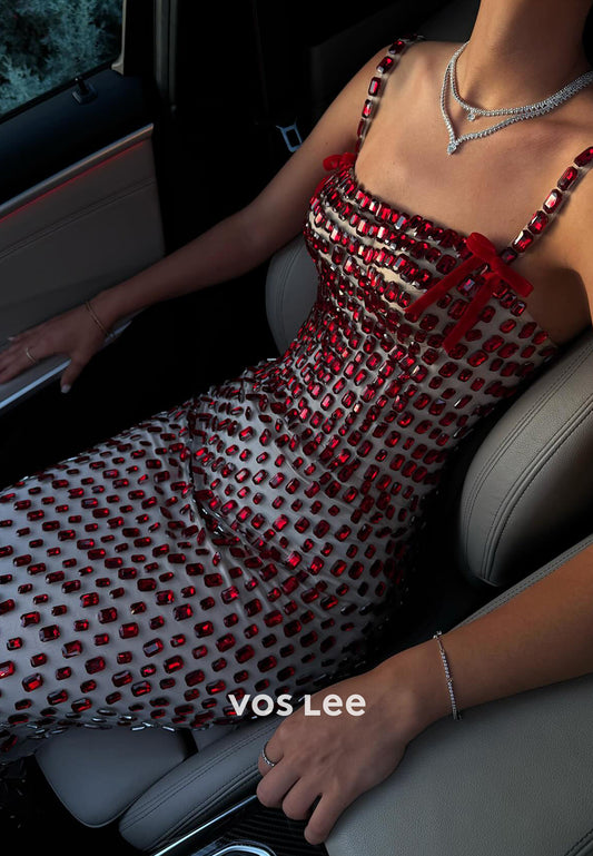 Spaghetti Straps Square Fully Rhinestone Pleated Sheath Prom Dresses
