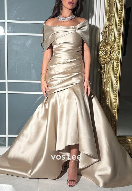 High Low Off the Shoulder Pleated Sheath Evening Dresses with Court Train