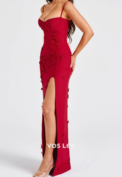 Spaghetti Straps Floral Embellished Floor-Length Mermaid Evening Dresses with Split