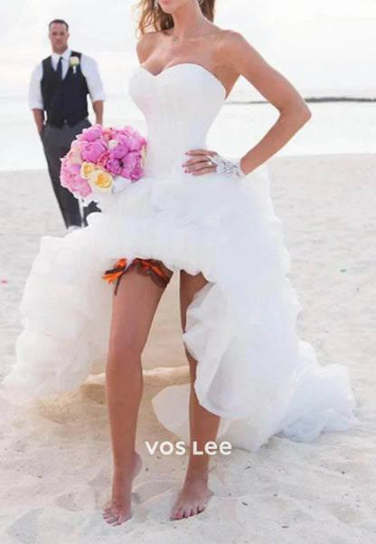 High Low A-Line Strapless Sweetheart Pleated Beach Wedding Dresses with Court Train