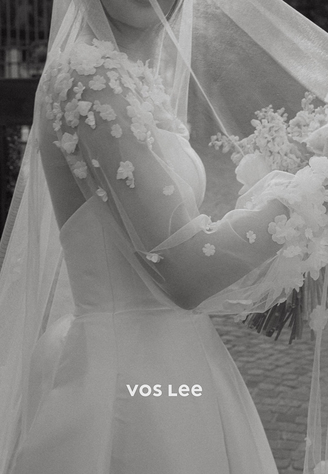 A-Line Long Sleeve Illusion Neck Appliques Wedding Dresses with Court Train