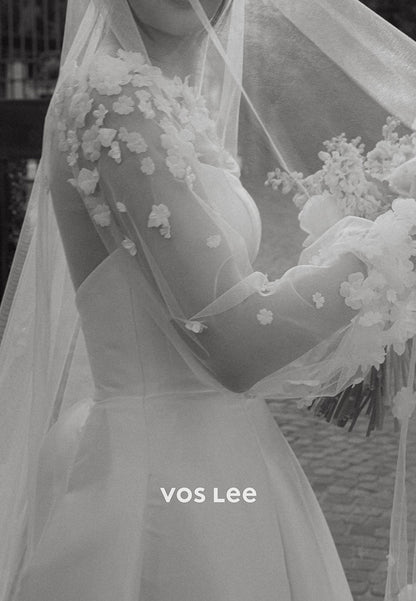 A-Line Long Sleeve Illusion Neck Appliques Wedding Dresses with Court Train