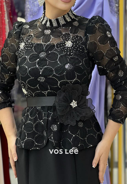 3/4 Sleeve Illusion Neck Flowers Pleated Floor-Length Mermaid Evening Dresses