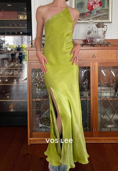 Simple & Classic One Shoulder Floor-Length Sheath Prom Dresses with Side Split