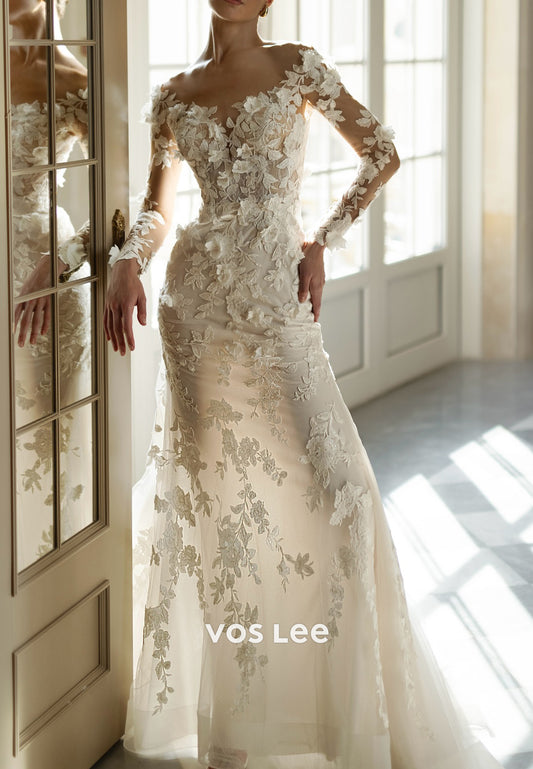 Long Sleeve Sweetheart Appliques Lace Tulle Mermaid Wedding Dresses
