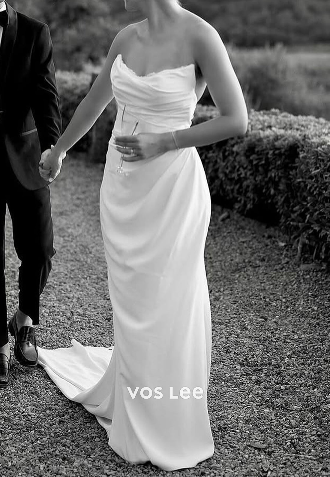 Simple Strapless Scoop Pleated Mermaid Wedding Dresses with Sweep Train