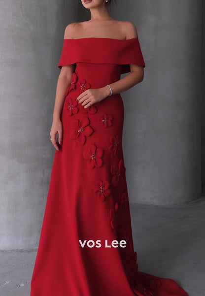 Classic & Simple Off the Shoulder Floral Embellished Sheath Evening Dresses with Sweep Train