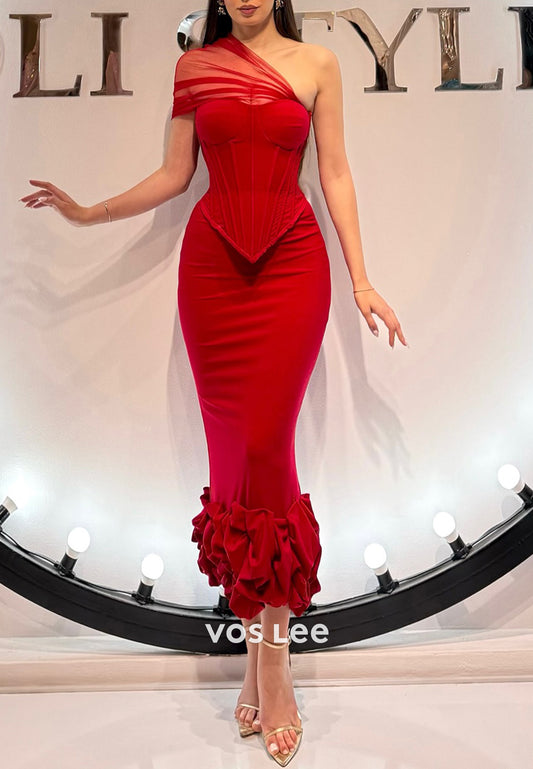 Sexy & Hot One Shoulder Tea-Length Pleated Mermaid Evening Dresses