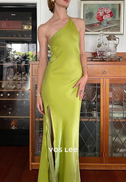 Simple & Classic One Shoulder Floor-Length Sheath Prom Dresses with Side Split