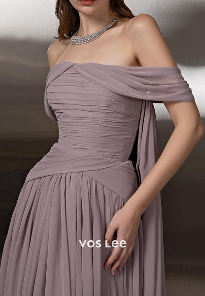 Simple & Casual Off the Shoulder Chiffon Sheath Pleated Long Prom Dresses