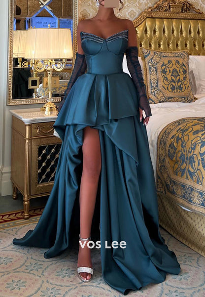 A-Line High Low Long Sleeve Rhinestone Pleated Evening Dresses with Court Train