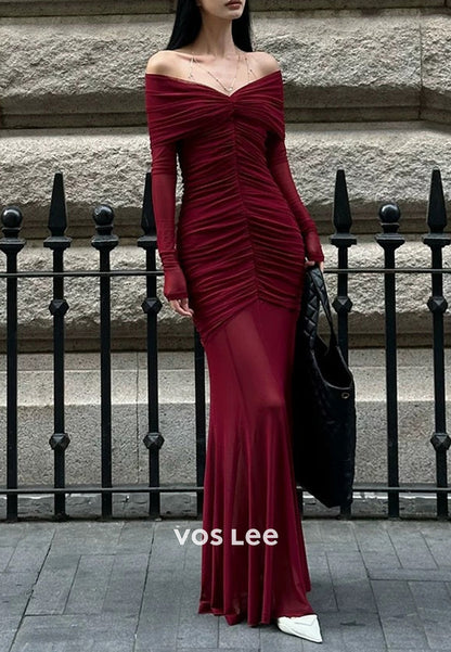 Sexy & Hot Long Sleeve Off the Shoulder Pleated Floor-Length Mermaid Evening Dresses