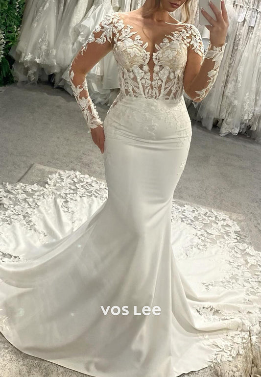 Long Sleeve V Neck Appliques Lace Long Mermaid Wedding Dresses with Court Train