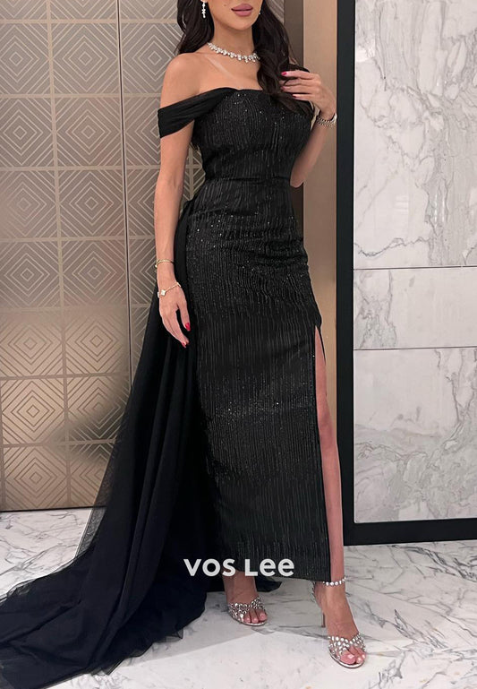 Sparkle & Shine One Shoulder Pleated Mermaid Evening Dresses with Sweep Train