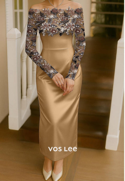 Long Sleeve Off the Shoulder Appliques Ankle-Length Mermaid Evening Dresses