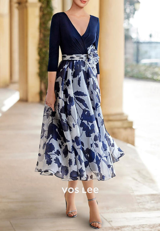 A-Line V Neck 3/4 Sleeve Flowers Embellished Ruched Mother of Bride Dresses