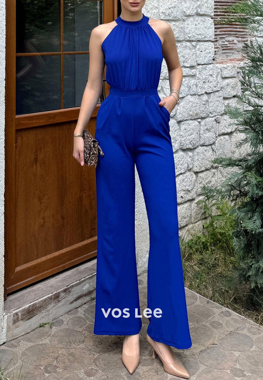 Royal Blue Halter Ruched Jumpsuit with Pockets