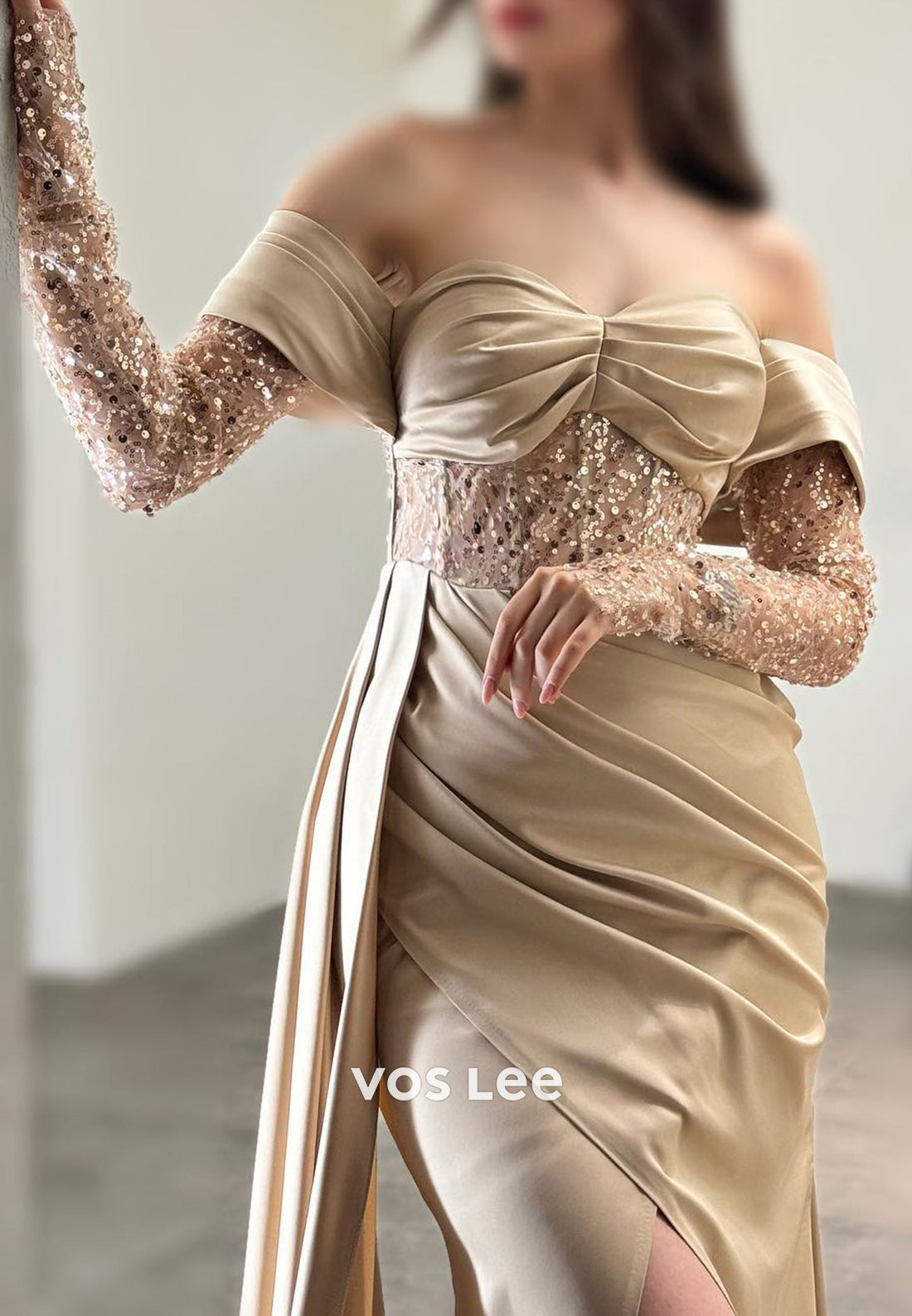 Classic Sequined Long Sleeve Sweetheart Pleated Mermaid Prom Dresses wirh High Spilt