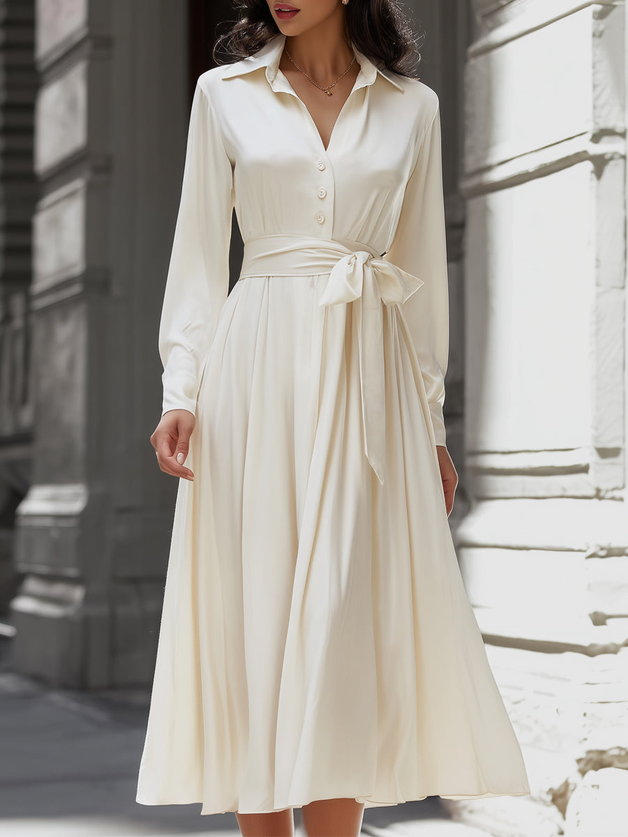 Elegant Satin Belted Midi Shirt Dress