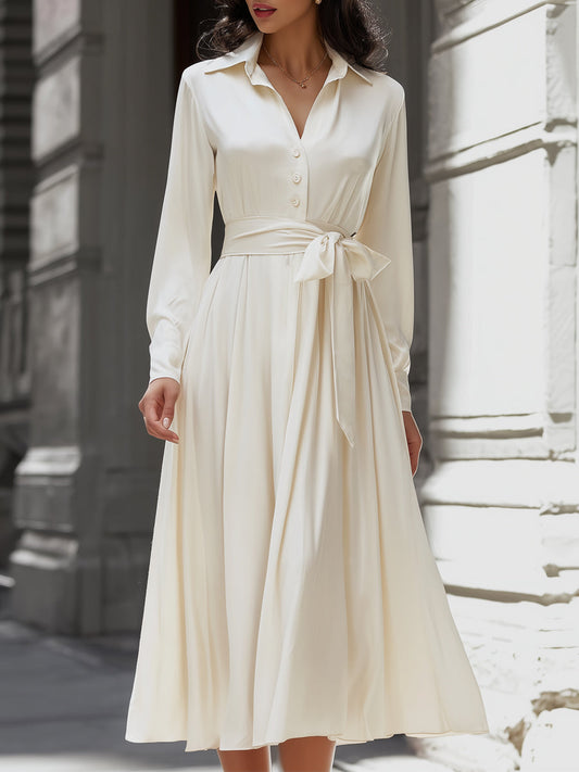 Elegant Satin Belted Midi Shirt Dress