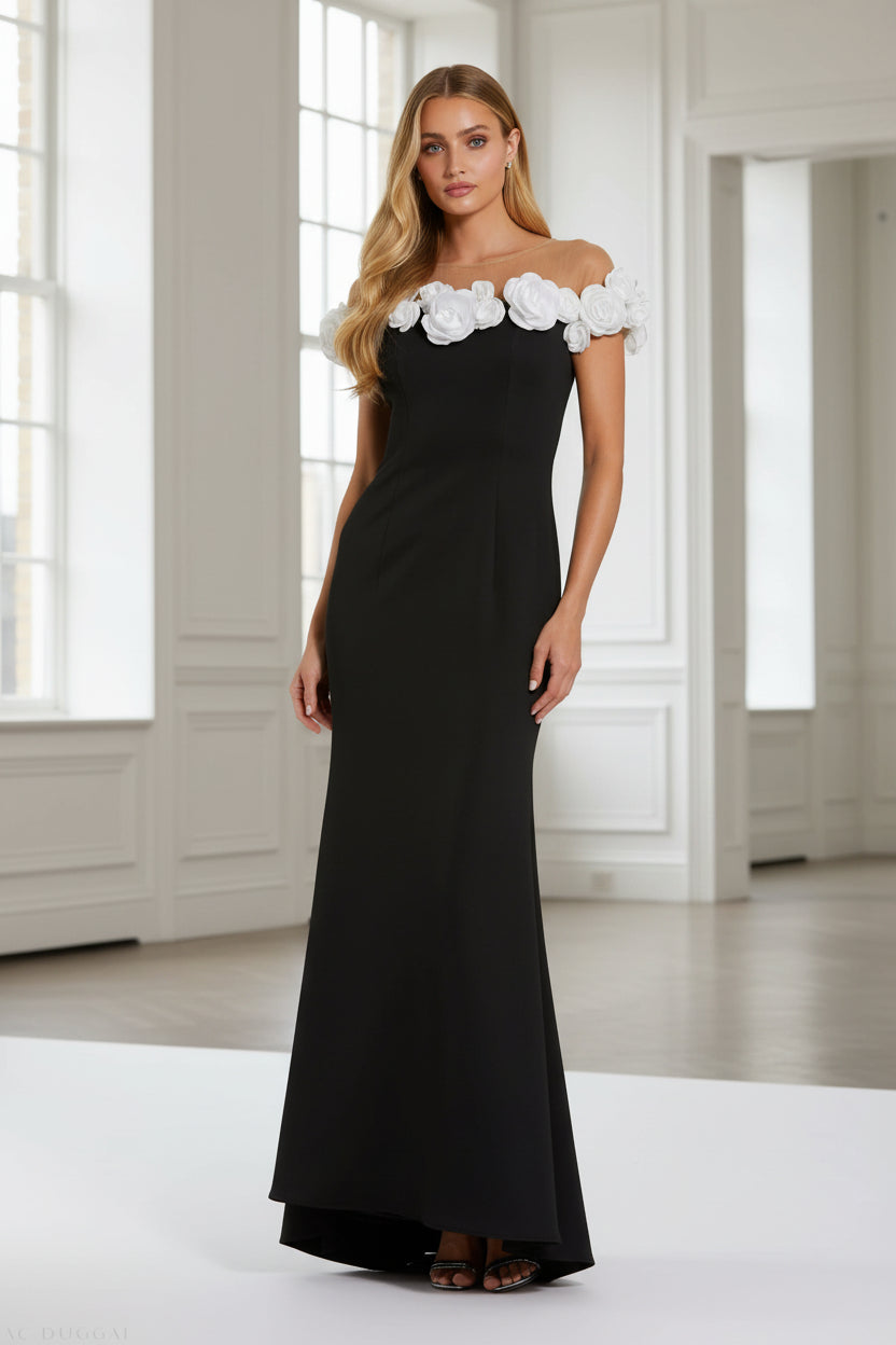 Black and White Stretch Crepe Mermaid Gown With 3D Flowers