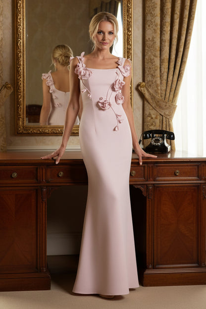 Pink Sleeveless Crepe Column Gown With Floral Detail