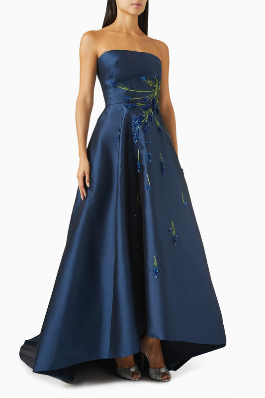 Strapless Floral Embellished Pleated Mother of Bride Dresses with Sweep Train