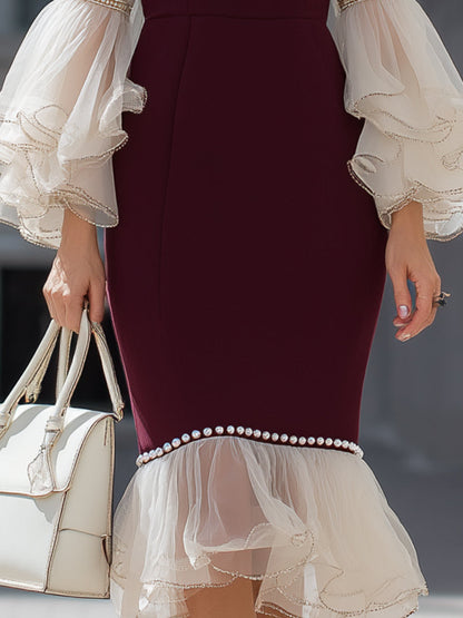 Burgundy Ruffle Hem Dress With Sheer Layered Sleeves